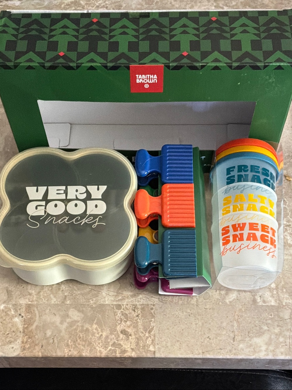 Tabitha Brown Snack Set - Very Good Snacks Container + Colorful Clips